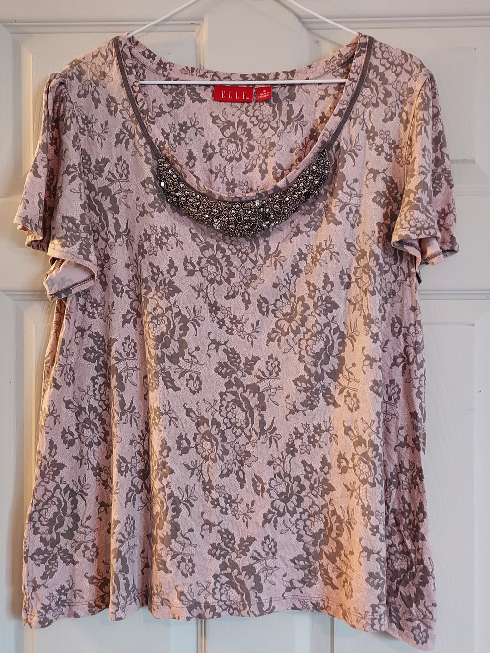 Elle Pink Floral Beaded Scoop Neck Blouse